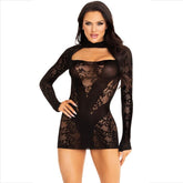 LEG AVENUE - BLACK LONG SLEEVE LACE MINI DRESS